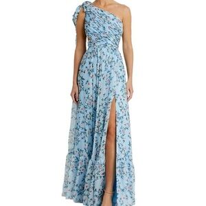Mac Duggal Blue and White Pleated One Shoulder Dress